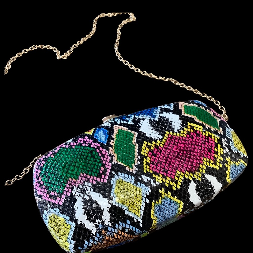 Cross Body Clutch Bag, Multi Color Snake Skin Pattern. Jewel that Snaps Closed.